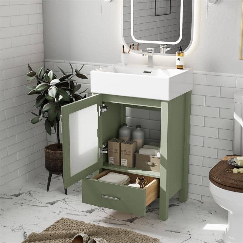 20'' Bathroom Vanity with Ceramic Sink Top, Modern Bathroom Storage Cabinet with 1 Drawer and 1 Soft Close Door - Green