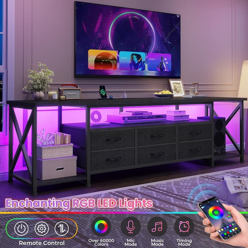 TV Stand with LED Lights Power Outlets Dresser Fabric Drawers Entertainment Center