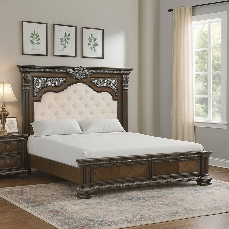 Naddy Queen Bed, White Fabric Pleated Upholstery, Espresso Brown Wood