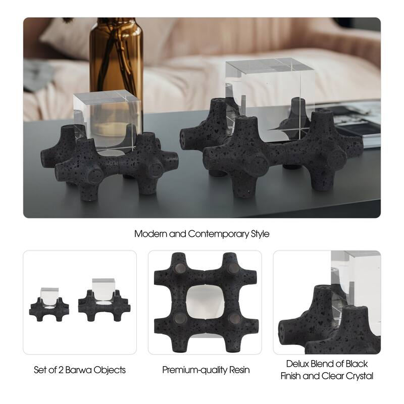 Sagebrook Home 6/8" Barwa Black Resin Objects With Crystal Cubes, Decorative Accessory Accents, Set of 2 - 8" x 8" x 6"