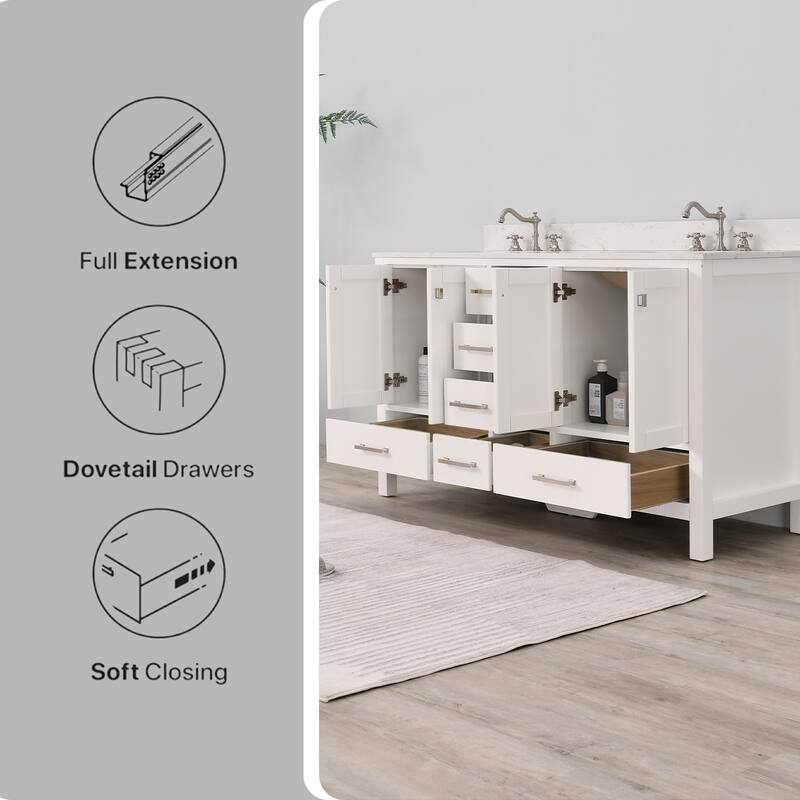 OpalithD 60 in. Bathroom Vanity with Double Sinks, Wood Bath Cabinet with Top