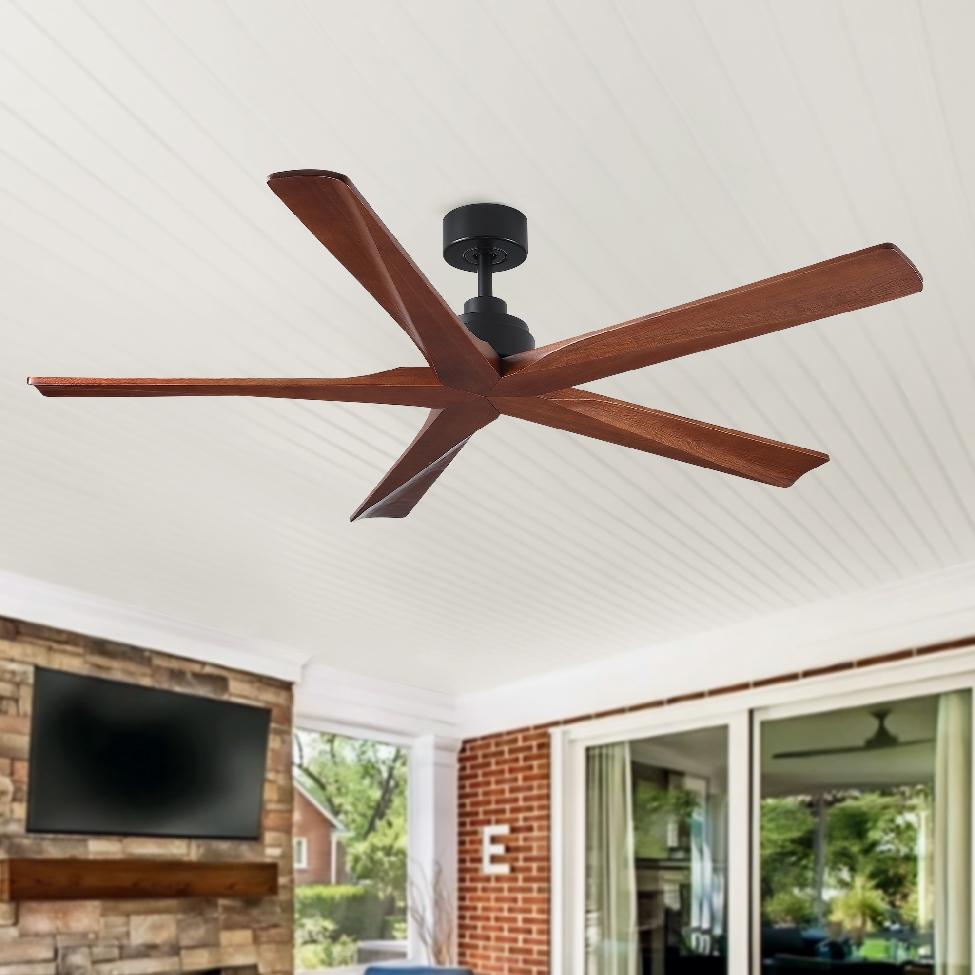 Hunter 50398 Dempsey 44 inch 4 Blade Flush Mount LED Outdoor Ceiling Fan in  Matte Nickel with Matte Nickel-Walnut Blade, image size:2000x2000