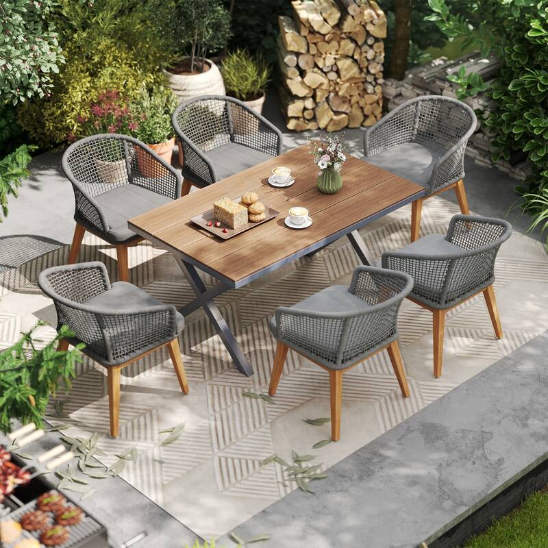 Outdoor 7-Piece Dining Set Chair with Rope-woven Backrest and Table - Dark Grey