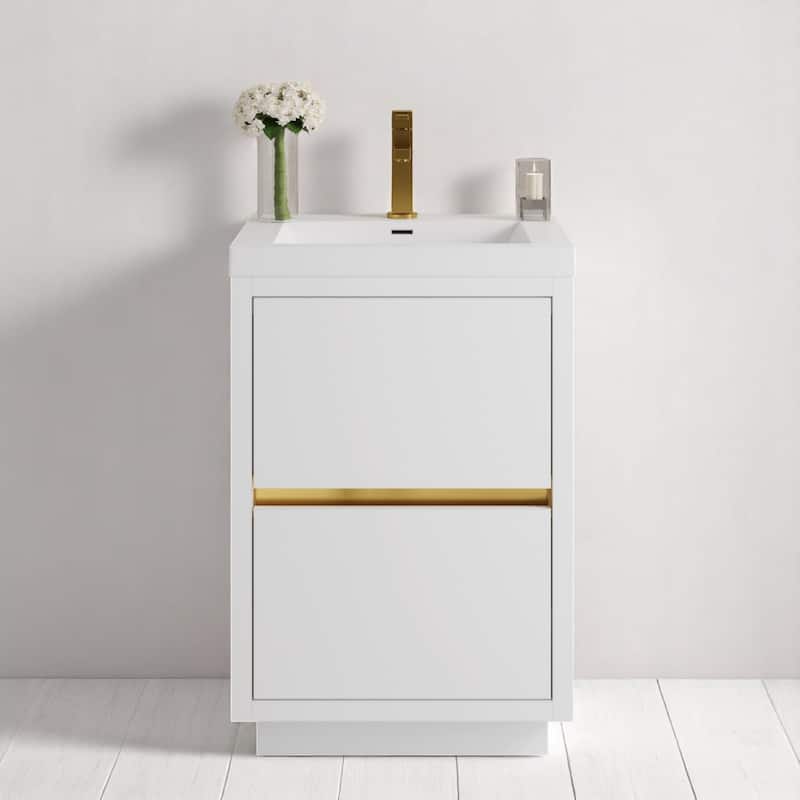 24" Freestanding Bathroom Vanity with Sink, Stone Resin Countertop, Soft Close Drawers, Glossy White Finish - White