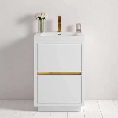 24" Freestanding Bathroom Vanity with Sink, Stone Resin Countertop, Soft Close Drawers, Glossy White Finish