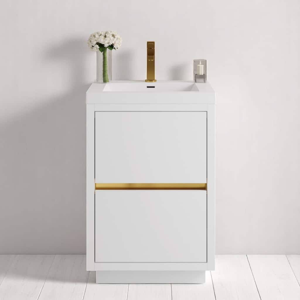 24" Freestanding Bathroom Vanity with Sink, Stone Resin Countertop, Soft Close Drawers, Glossy White Finish