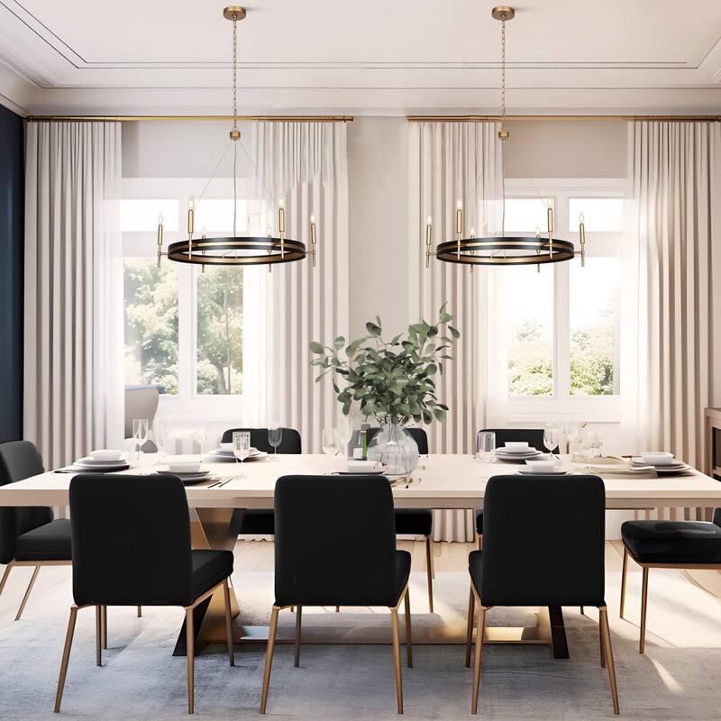 Modern Farmhouse 6-Light Black Gold Chandelier Wheel Mid-century Lights for Dining Living Room - D33.3" x H92.3" Max