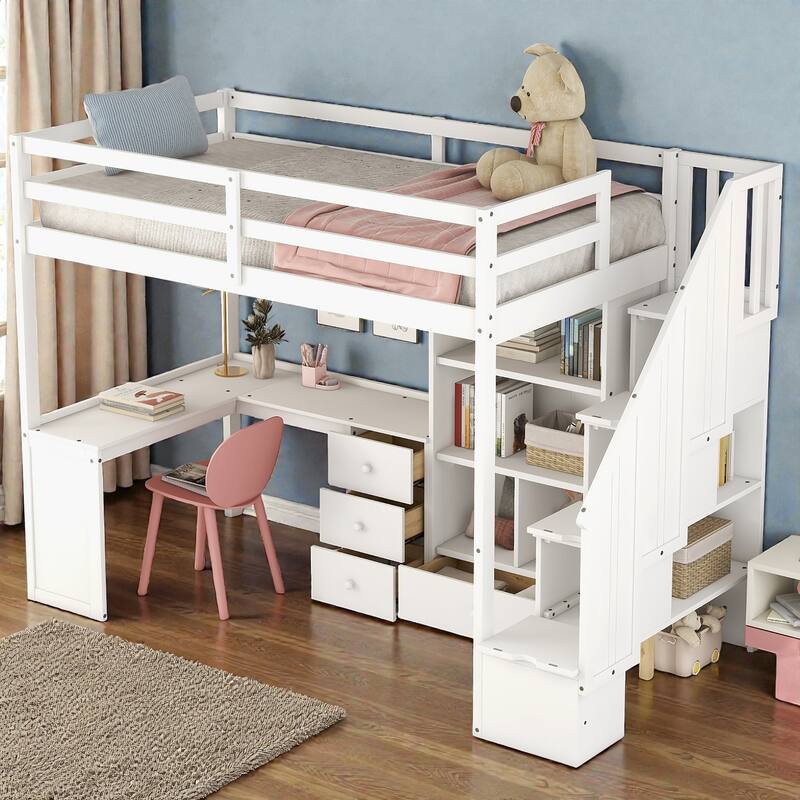 Twin Loft Bed with L Shaped Desk, Storage Stairs, Drawers and Cabinet, Space Saving Wood Loft Bed