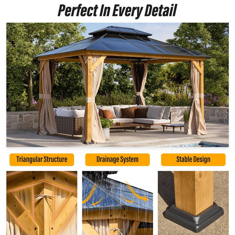 EROMMY Outdoor Wood Gazebo with Double Polycarbonate Roof, Heavy Duty Backyard Patio Pergola Canopy for Garden Shade