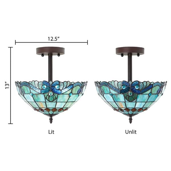 River of Goods Anna Metal and Blue Tiffany-Style Stained Glass Bowl Shade 13-Inch Semi-Flushmount Ceiling Light