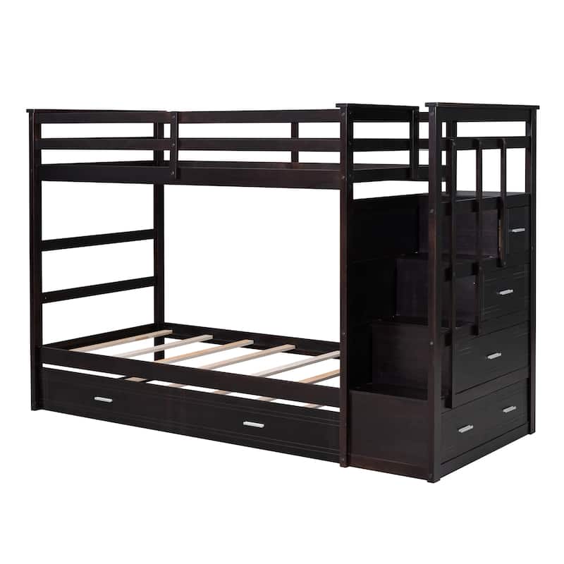 Twin Over Twin Bunk Bed with Trundle and Staircase, White