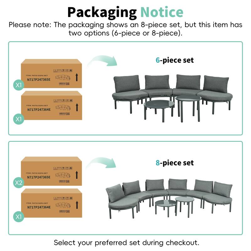 6-Piece Patio Half Moon Sofa Set with 2 High-Low Coffee Tables, 4 Pillows & Cushions