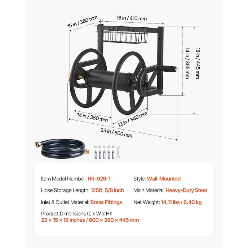 Outdoor Hose Reel Wall Mount 125ft Heavy Duty with Fittings - 22.05 x 18.90 x 16.54 inches