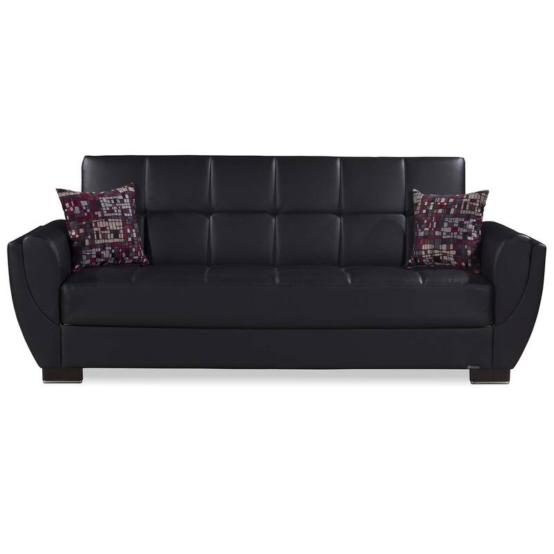 HomeRoots 93" Black Faux Leather Convertible Futon Sleeper Sofa And Toss Pillows With Storage