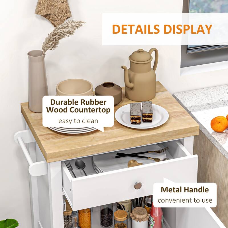 Utility Kitchen cart, Rolling Kitchen Island with Smooth Rubberwood Top, Narrow Butcher Block Surface on Wheels