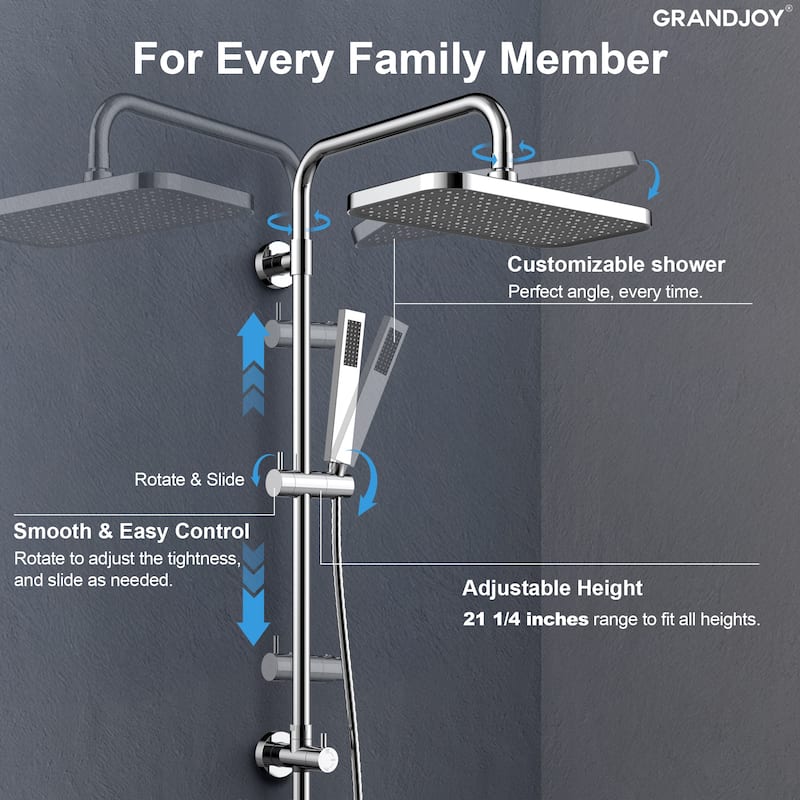 GRANDJOY 12" Rainfall Shower Head 3-Function Shower System with Adjustable Handheld Spray