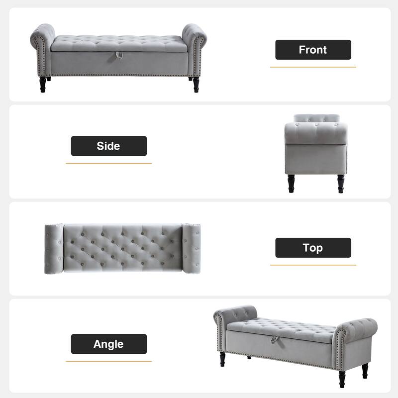 67" Velvet or PU Tufted Storage Bench for Bedroom End of Bed with Roll Arms
