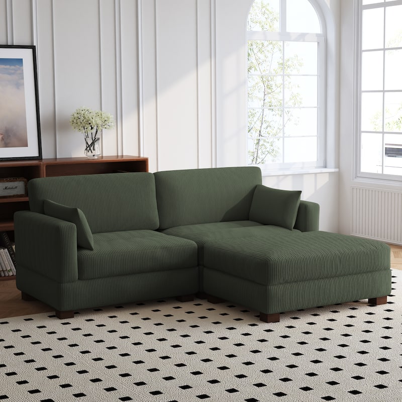 84'' L-Shaped Corduroy Comfy Couch Modular Sectional Sofa With Ottoman - Green