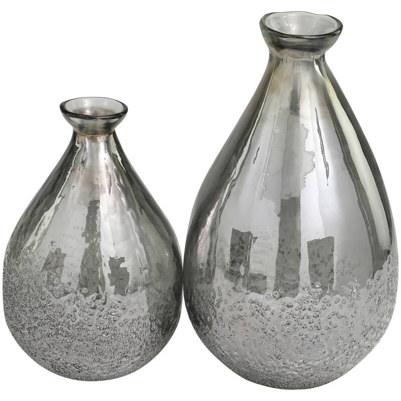 Gray Glass Textured Teardrop Decorative Vase (Set of 2) - 12", 9"H