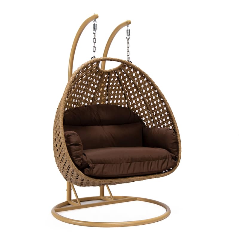 LeisureMod Mendoza 2-Person Hanging Egg Swing Chair - Handcrafted Light Brown Wicker, Patio Hammock Lounger with Cushions - 53" - Blue