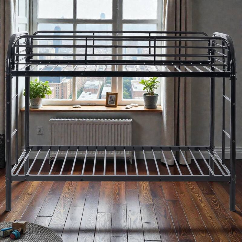 Metal Twin Over Twin Bunk Bed with 2 Ladders, Heavy-Duty Iron Frame, Full-Length Guardrails, No Box Spring Needed