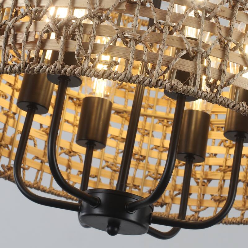6-Light Boho Handwoven Rattan with Candle Chandelier