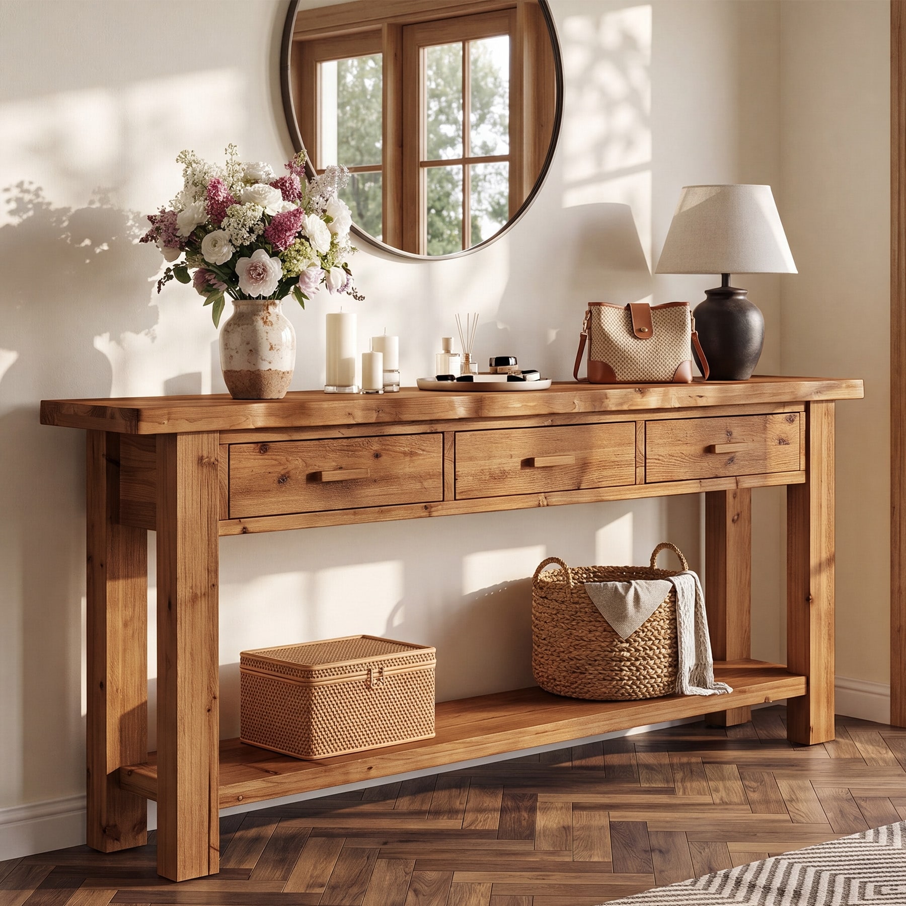 70.87 in Solid Wood Console Table with 3 Storage Drawers