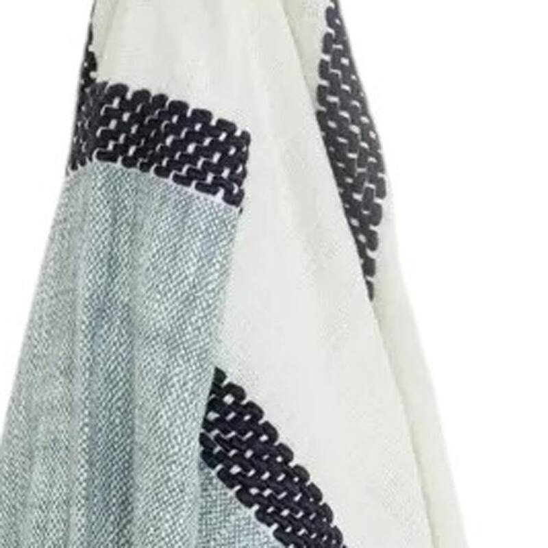 HomeRoots 50" X 60" Blue And Ivory Cotton Woven Color Block Throw Blanket with Fringe