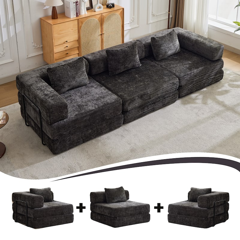 Free Combination Lazy Folding Sectional Sofa Chenille Modular Sleeper Sofa Bed Floor Standing Compression Mattress