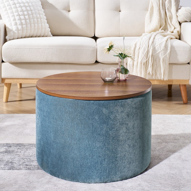 2-Piece Set Round Chenille Storage Ottoman, Equipped with a Drum Shaped Small Stool, Storage Space, and MDF Made Desktop Panel