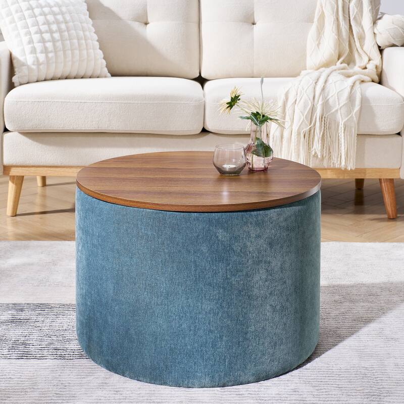 Roomfitters 2-Piece Round Chenille Storage Ottoman Set with Drum-Shaped Stool and MDF Top, Hidden Compartment