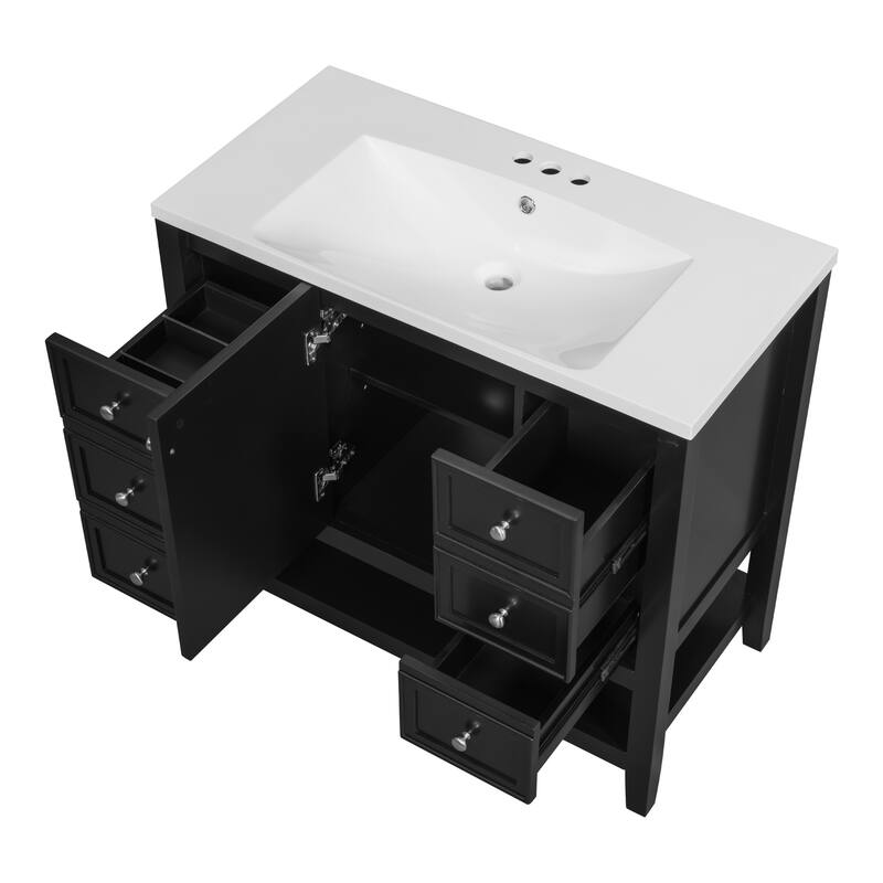 Freestanding 36" Bathroom Vanity Cabinet with Ceramic Sink & Open Storage Shelf