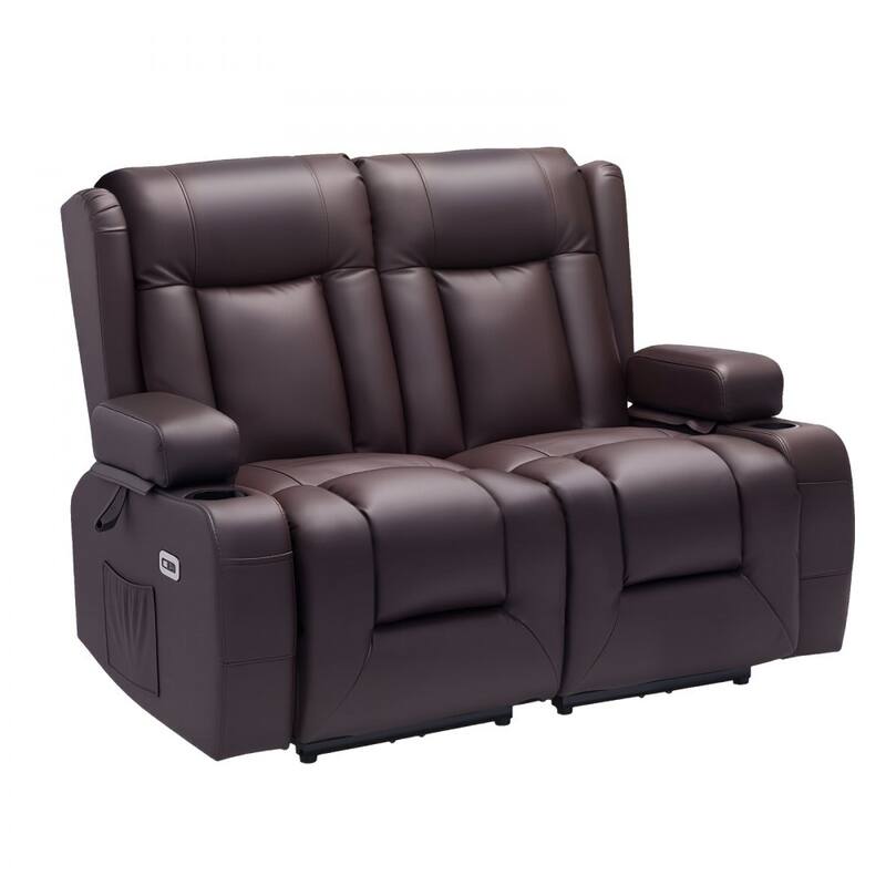 Brown PU Leather Electric Recliner Loveseat with Massage, Heat and USB Ports - 54.5 x 36.2 x 40.9 in