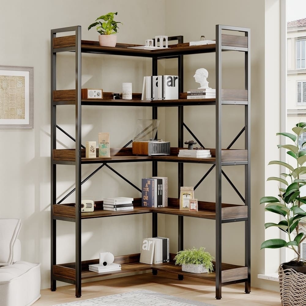 5-Tier Industrial Corner Bookshelf with Wood Shelves