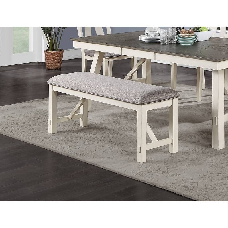 Dining Room Furniture 1x Bench Gray Fabric Cushion Seat White Clean Lines - Antique White+Gray