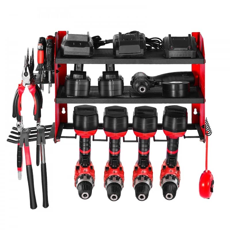 3-Tier Wall Mounted Power Tool Rack with Adjustable Shelf and 4 Drill Slots Pegboard Hooks - 23.31” x 8.66” x 12.01”