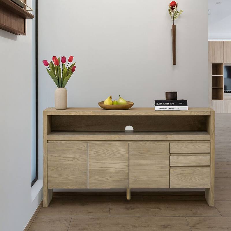 Modern Freestanding Wooden Sideboard with Three Drawers, Two Cabinets and a Shelf - Natural
