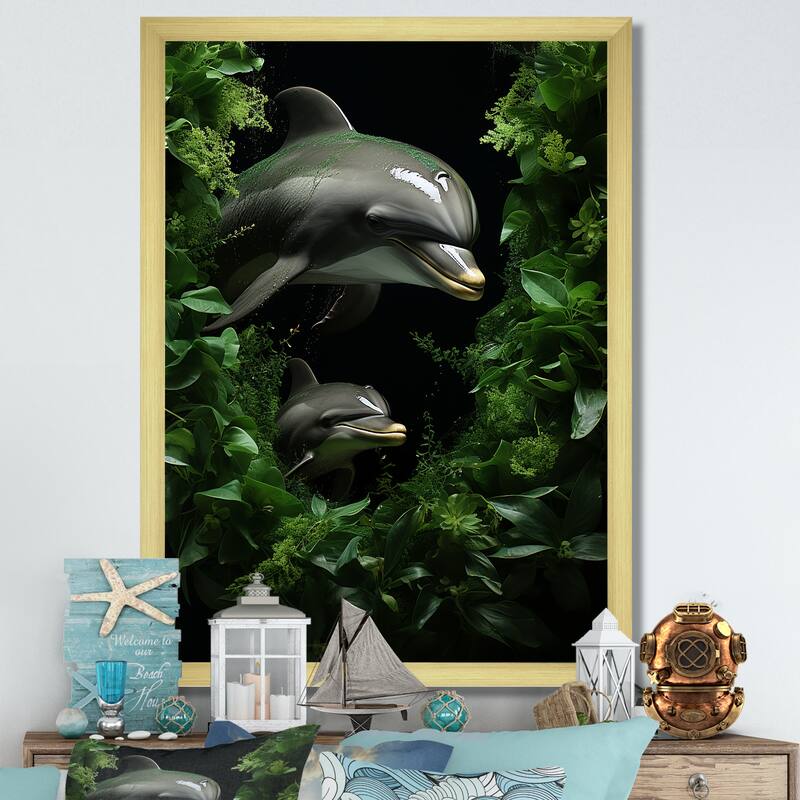 Designart "Dolphin Eco Guardians " Animals Dolphin Framed Wall Decor - 30 in. wide x 40 in. high - Gold