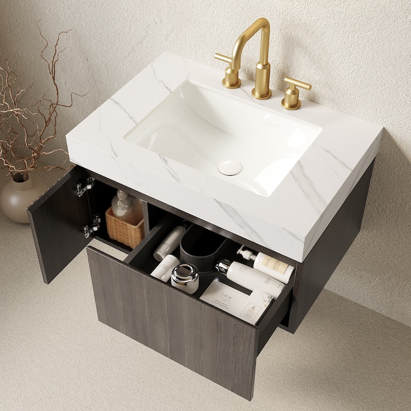 Floating Bathroom Vanity with Sintered Stone Top & Undermount Ceramic Basin with Three Pre-drilled Faucet Holes