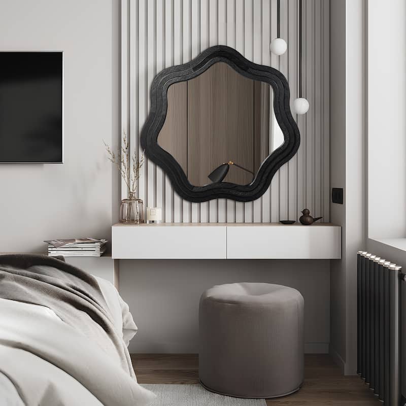 Glitzhome 33.5"D Modern Black Tripled Wood Frame Wavy Wall Mirror