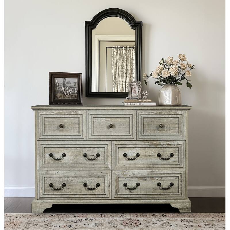 Farmhouse Style Dresser Rustic Storage Cabinet with 7 Drawers Embossed Pattern Vintage Handles, for Bedroom