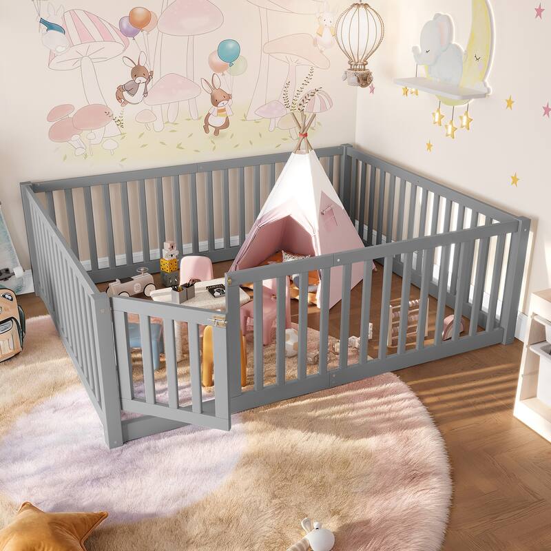 Montessori Floor Bed with Safety Guardrails & Door, Kids Low Profile Frame, Available in Queen/Full/Twin