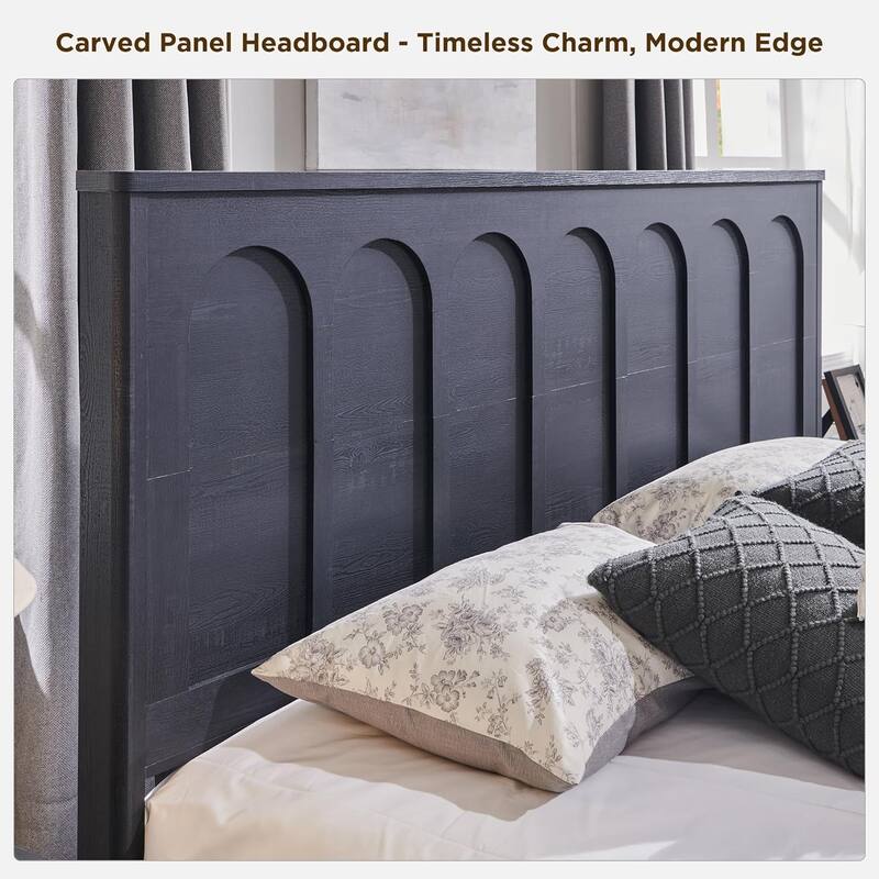Modern King Size Bed Frame, 52" Tall Arched Recessed Headboard