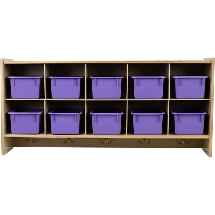 RRI Goods 10 Section Wall Mount Classroom Storage Organizer, Cubby Shelving with Trays and Hooks - Purple