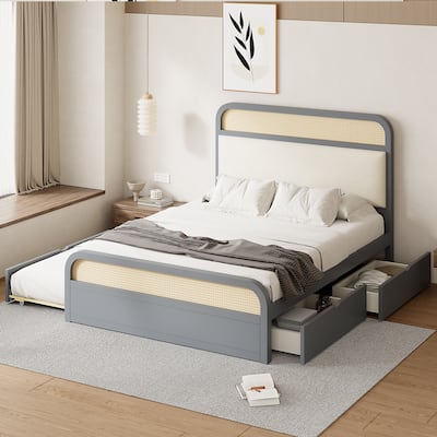 Queen Wooden Platform Bed with Trundle, 2 Drawers, Padded Headboard & Rattan Details