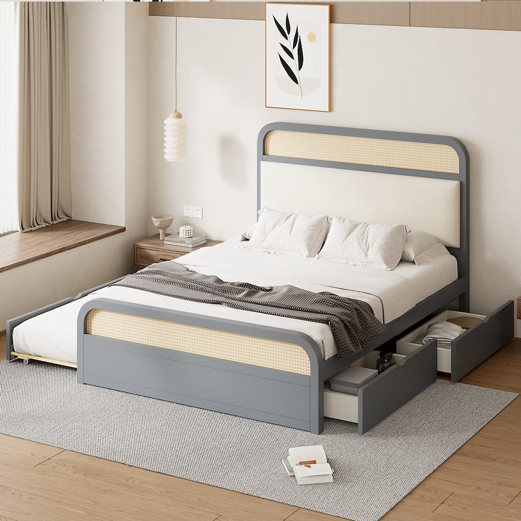 Queen Wooden Platform Bed with Trundle, 2 Drawers, Padded Headboard & Rattan Details