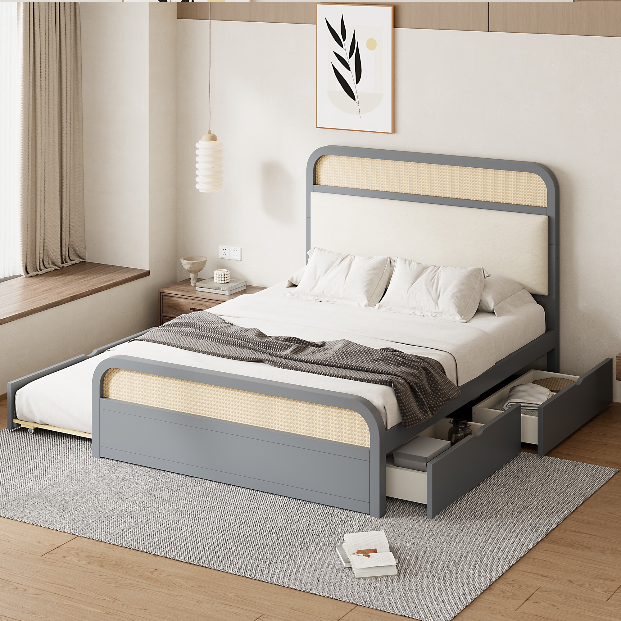 Queen size Wooden Platform Bed with Trundle and 2 Drawers