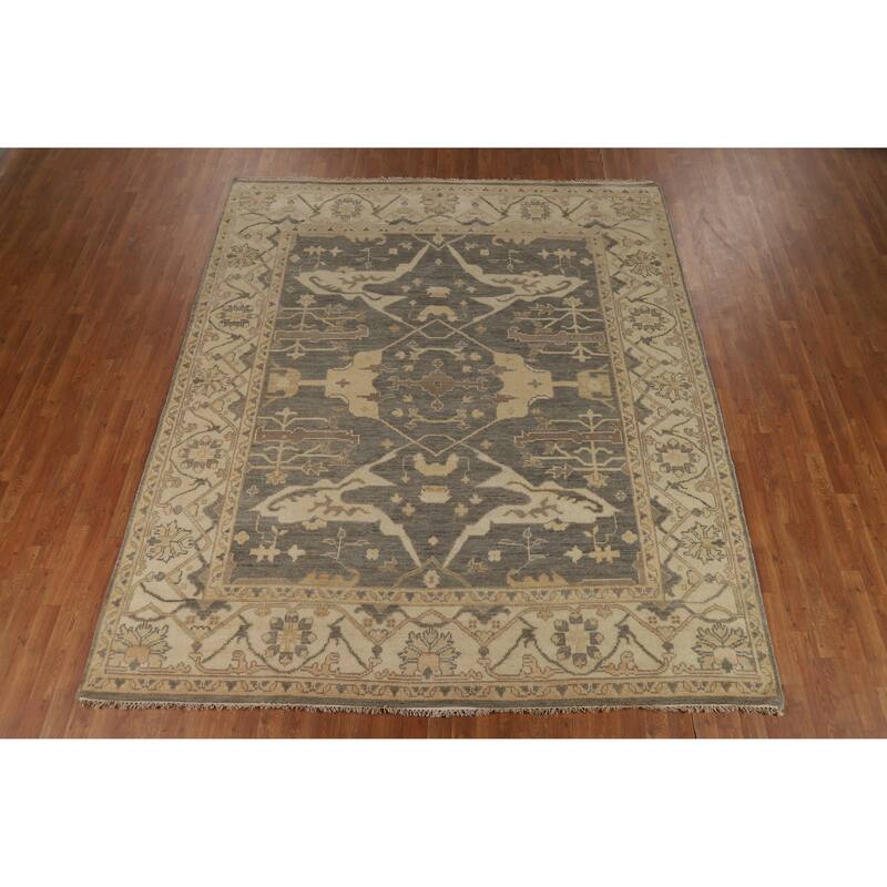 Transitional Grey Oushak Indian Area Rug Hand-Knotted Wool Carpet - 8'3" x 9'10"