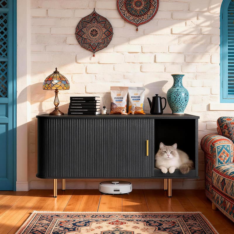 38.5" Cat Litter Box Enclosure with Scratch Pad and Sliding Door,Cat Hidden Litter Box Cabinet,Modern Indoor Cat House,TV Stand