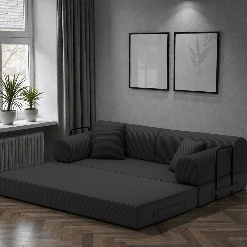 Convertible Sleeper Sofa Bed, 4-in-1 Corduroy Folding Floor Couch with Cylindrical Pillow, 2-Seat Space-Saving Lounge Sofa